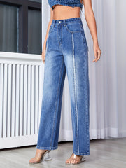 Frayed Patch Pocket Straight Leg Jeans Medium Wash High Rise Casual Denim Pants