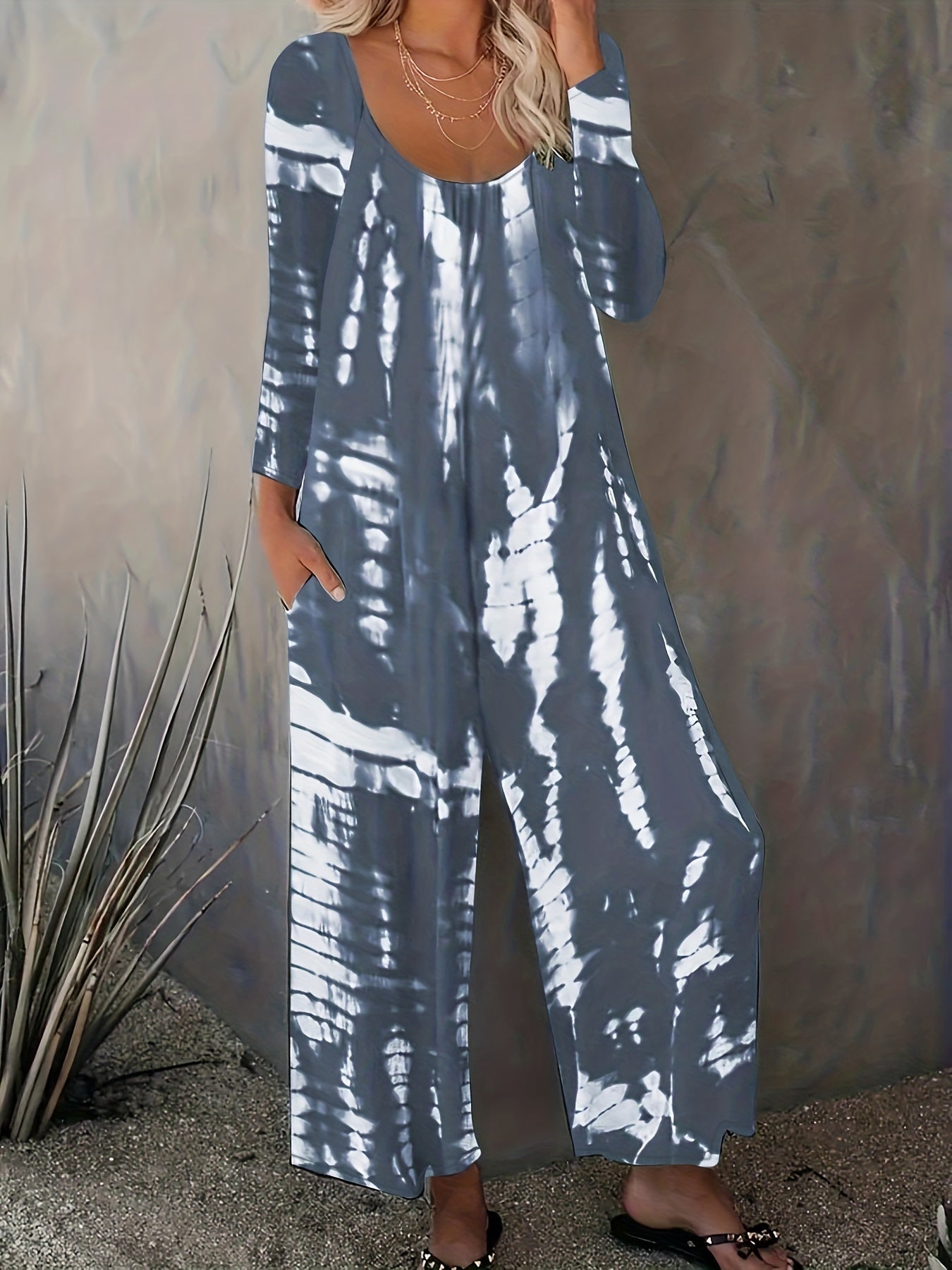 Tie Dye Long Sleeve Round Neck Wide Leg Jumpsuit With Pockets
