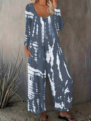 Tie Dye Long Sleeve Round Neck Wide Leg Jumpsuit With Pockets