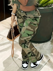 Camo Print High Stretch Cargo Jeans With Pockets