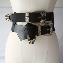 Double Layer Carved Buckle Belt Gothic Vintage Wide Waistband Women Coat Girdle