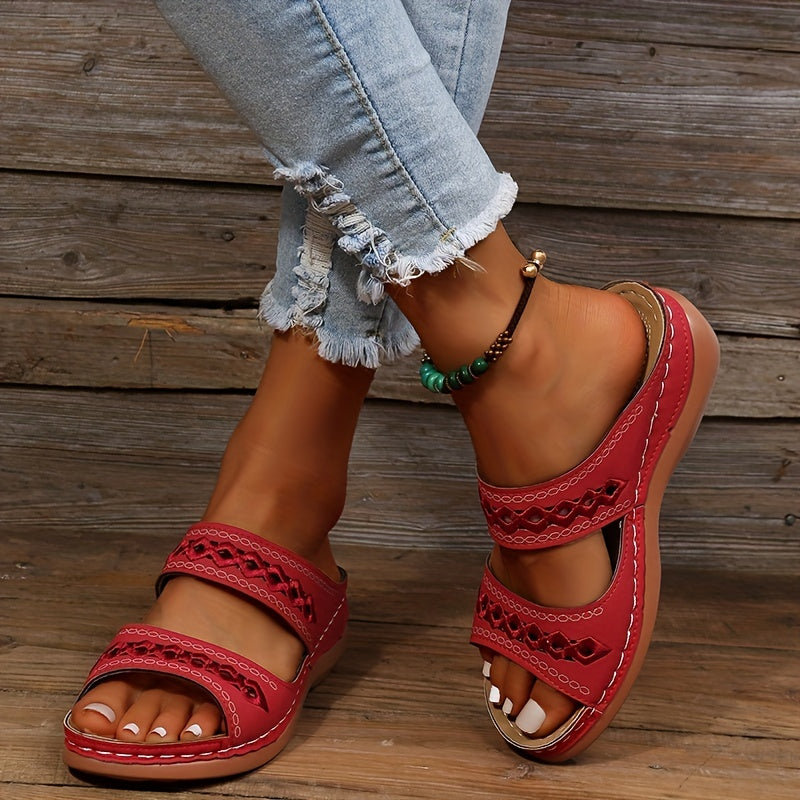 Women's Hollow Out Sandals Faux Leather Open Toe Slip On Wedge Shoes