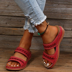 Women's Hollow Out Sandals Faux Leather Open Toe Slip On Wedge Shoes