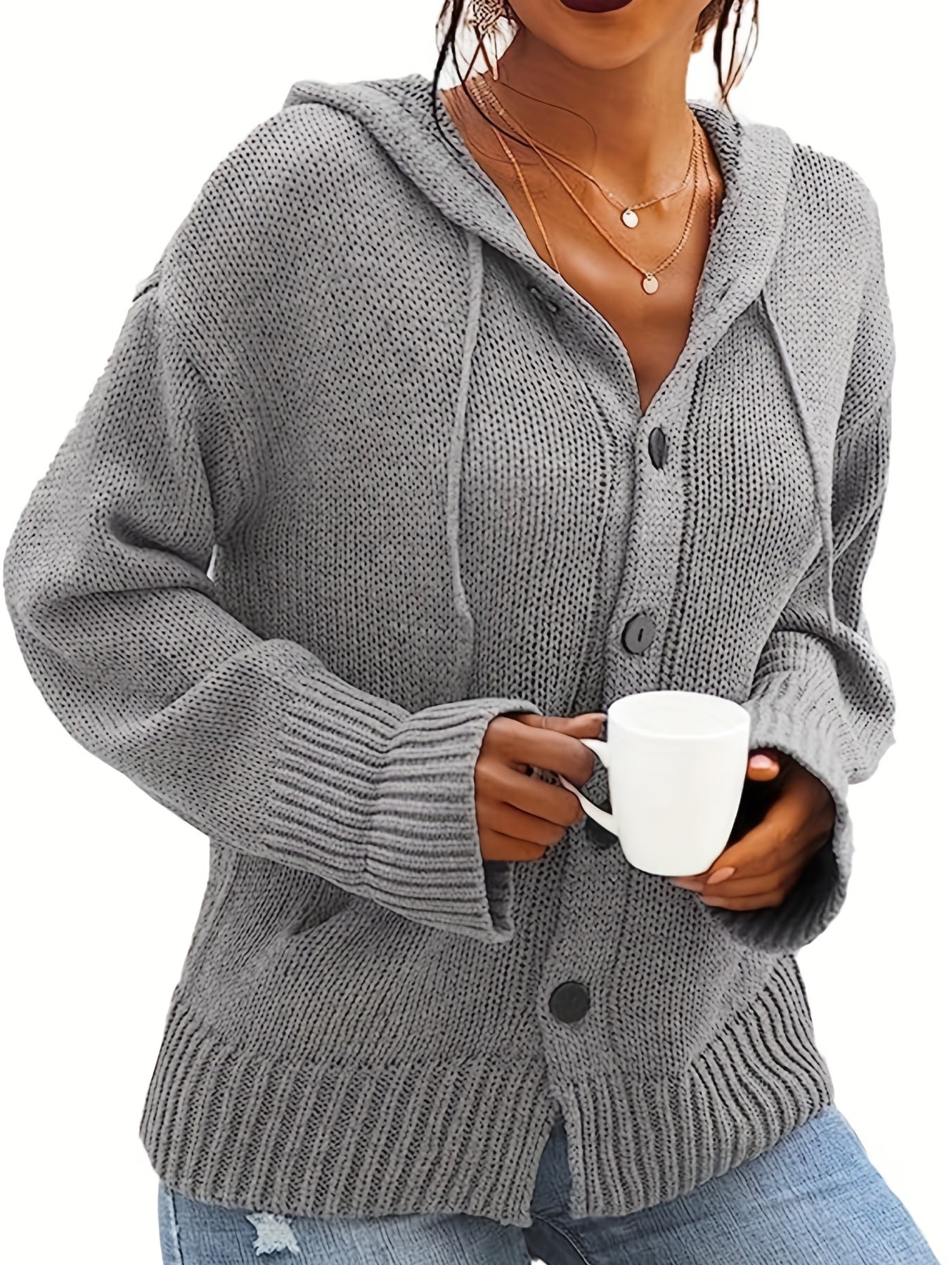 Solid Button Front Hooded Cardigan Casual Long Sleeve Cardigan