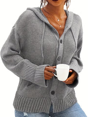 Solid Button Front Hooded Cardigan Casual Long Sleeve Cardigan