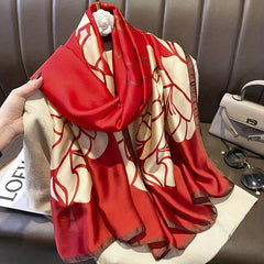 Red Big Flower Print Scarf Block Satin Shawl Silk Head Wrap