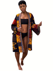 Abstract Print Open Front Jacket Casual Long Sleeve Mid Length Outerwear