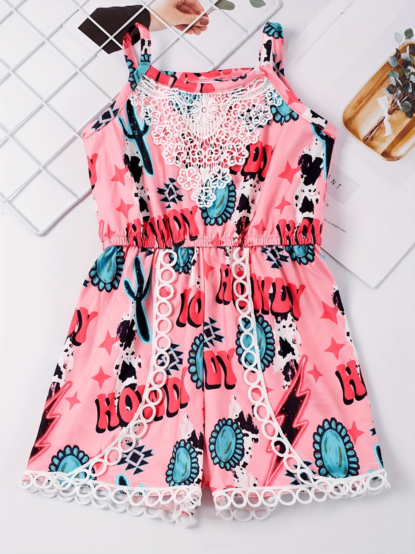 Toddler Girls Graphic Lace Trim Cami Rompers Jumpsuits For Beach