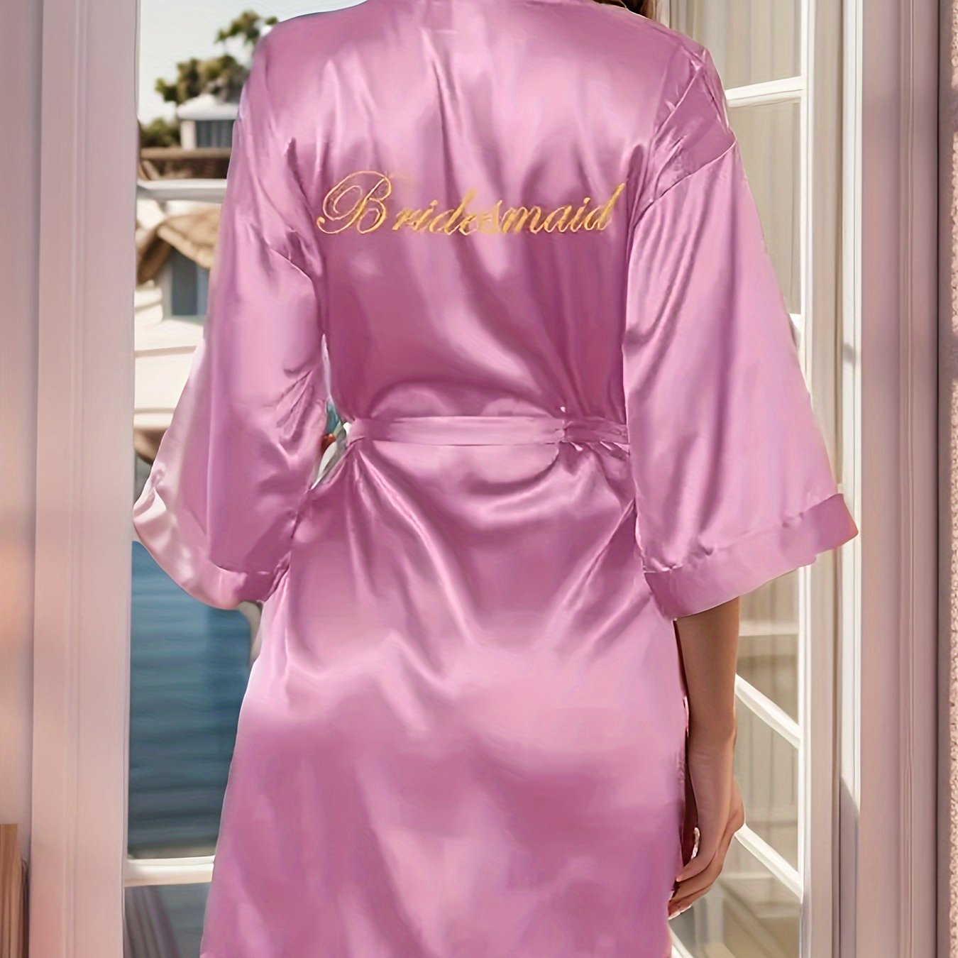 Letter Embroidery Night Robe Long Sleeve V Neck Robe With Belt Women's Sleepwear