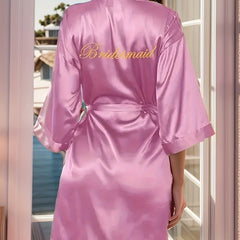 Letter Embroidery Night Robe Long Sleeve V Neck Robe With Belt Women's Sleepwear