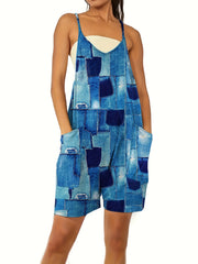 Denim Print Dual Pockets Romper Casual Sleeveless Jumpsuit