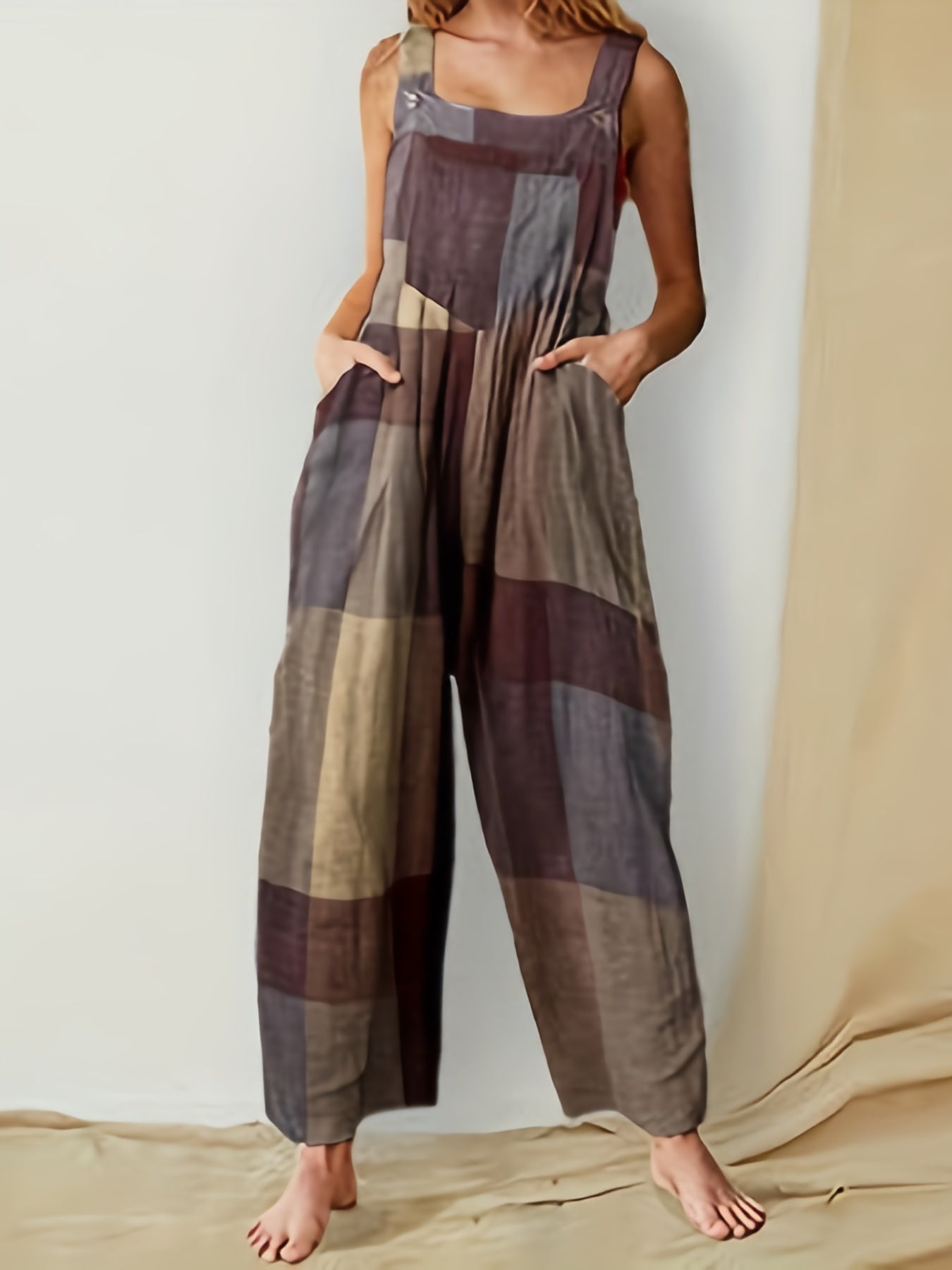 Hippie Patchwork Jumpsuit Casual Squared Neck Long Length One Piece Jumpsuit