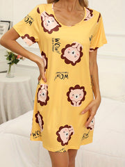 Cartoon Lion Print Lounge Dress & Comfy Crew Neck Short Sleeve Home Dress