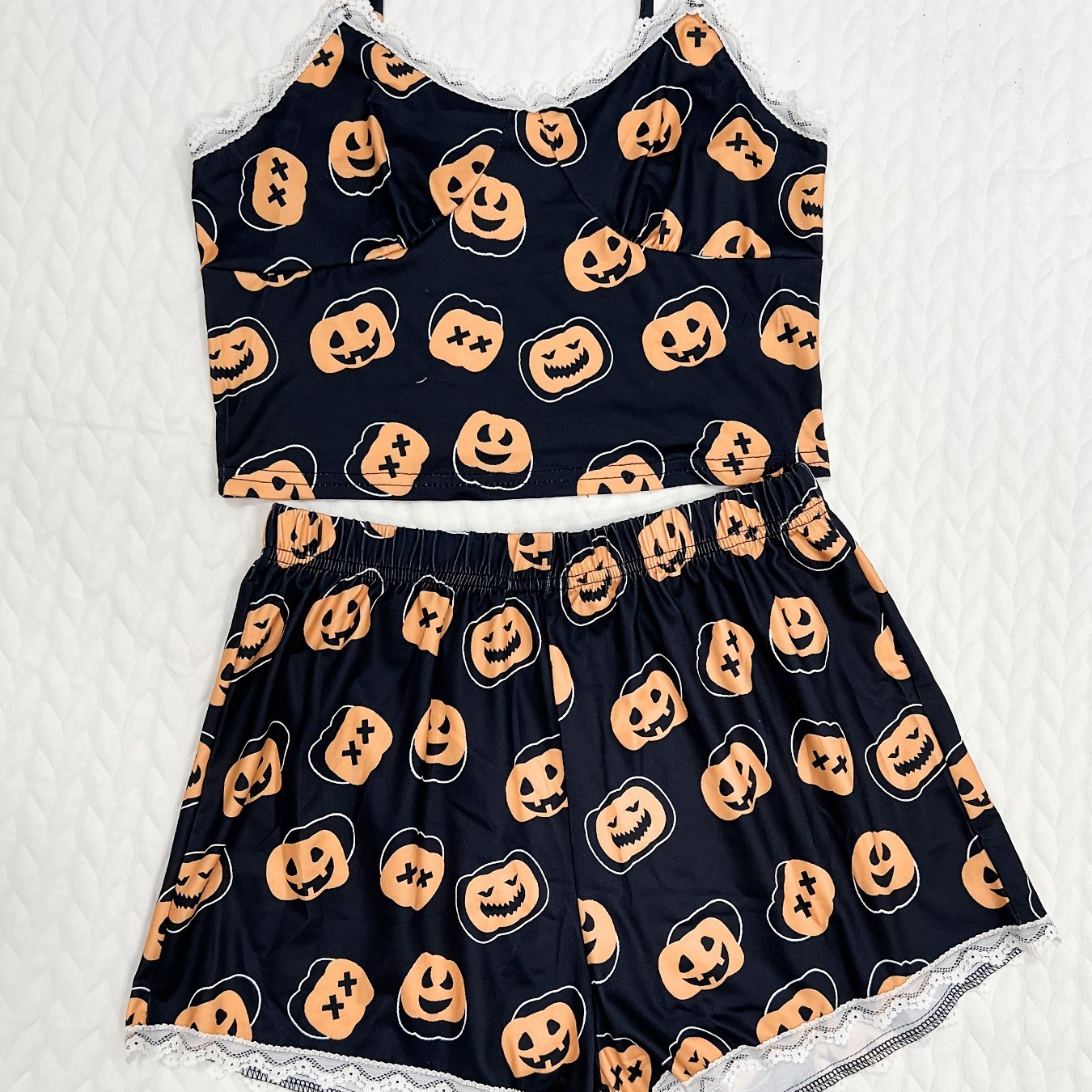 Pumpkin Print Pajama Set V Neck Cami Top & Lace Trim Shorts