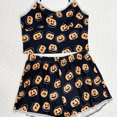 Pumpkin Print Pajama Set V Neck Cami Top & Lace Trim Shorts