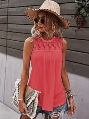 Lace Stitching Tank Top Solid Crew Neck