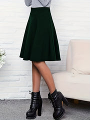 Solid Pleated Skirt Slim Waist Knee Length Women's Clothing