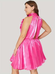 Plus Size Solid Halter Neck Organza Dress with Bow Knot Front