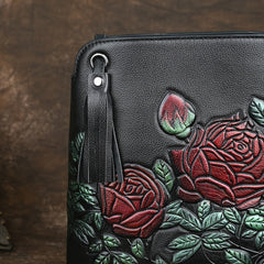 Floral Embossed Leather Crossbody Bucket Bag with Tassel
