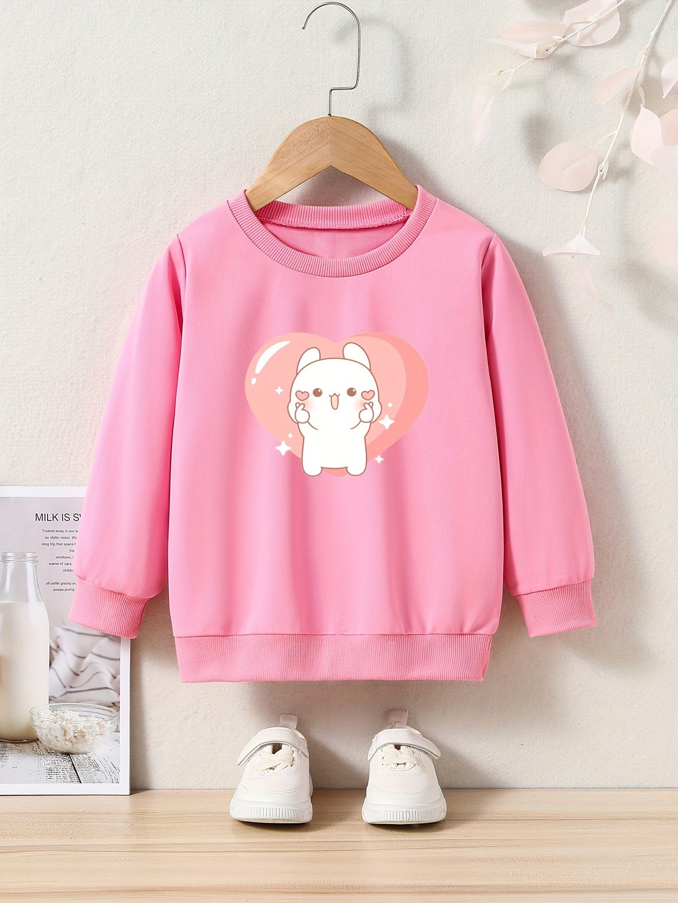 Rabbit Heart Print Girls Sweatshirt Crew Neck Tops Kids Clothing