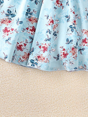 Girls Shirred Waist V Neck Flowers Dress for Spring and Autumn