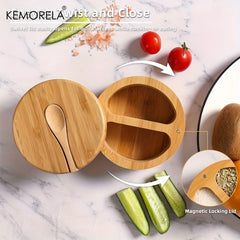 Rotating Bamboo Seasoning Box with Spoon for Spices Sugar Salt Kitchen Gadget