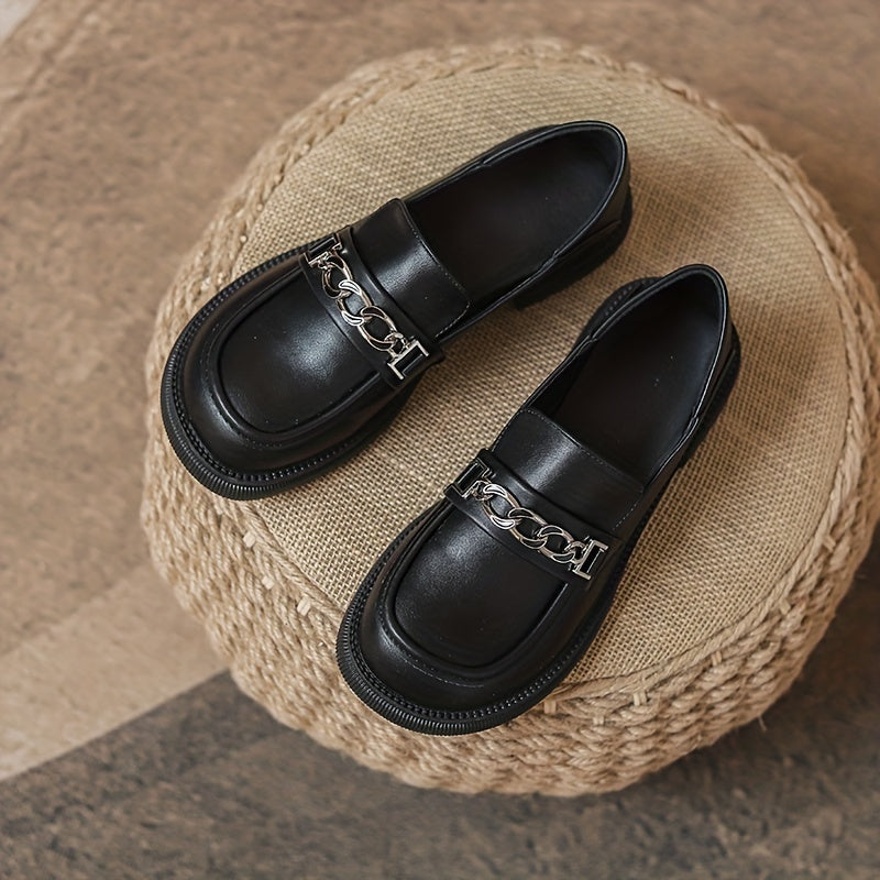 Metallic Chain Chunky Heel Loafers British Style Slip On Shoes