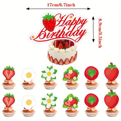 Strawberry Birthday Party Decoration Fruit Supplies Cake Topper Cupcake Toppers