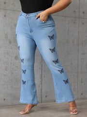 Butterfly Print High Rise Flared Leg Jeans