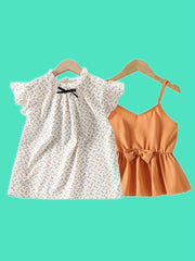 Girls 2pcs Floral Bow Knot Blouse & Cami Top Set Outfit