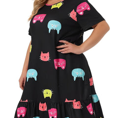 Colorful Cat Print Nightdress with Ruffle Trim
