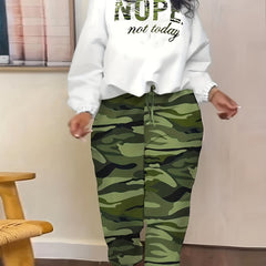 Women's Camo Slogan Print Top & Pants Outfits Set