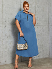 Denim Polo Neck Maxi Dress with Pockets