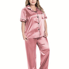 Women's Plus Satin PJs Set Short Sleeve Button Up Shirt & Pants Lounge 2 Piece