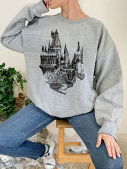 Castle Print Sweatshirt Crew Neck Long Sleeve Casual