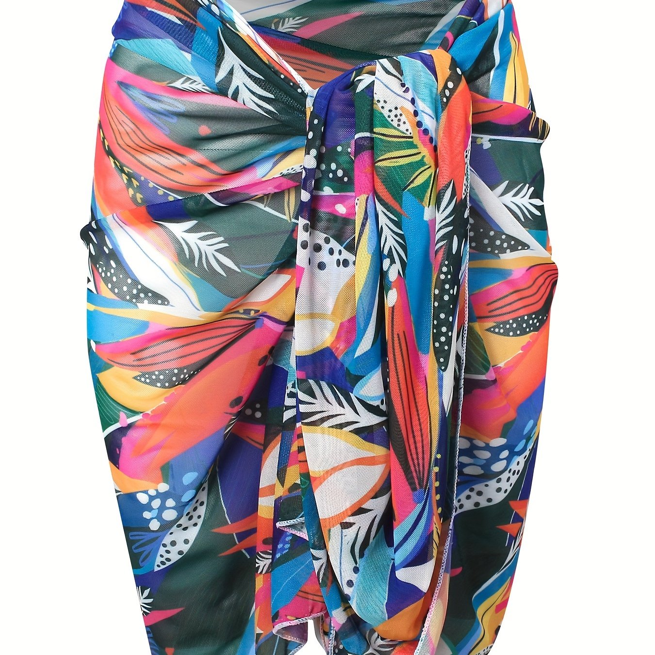 Retro Bikini Bottoms & Leaf Print Cover Up Skirt