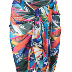 Retro Bikini Bottoms & Leaf Print Cover Up Skirt