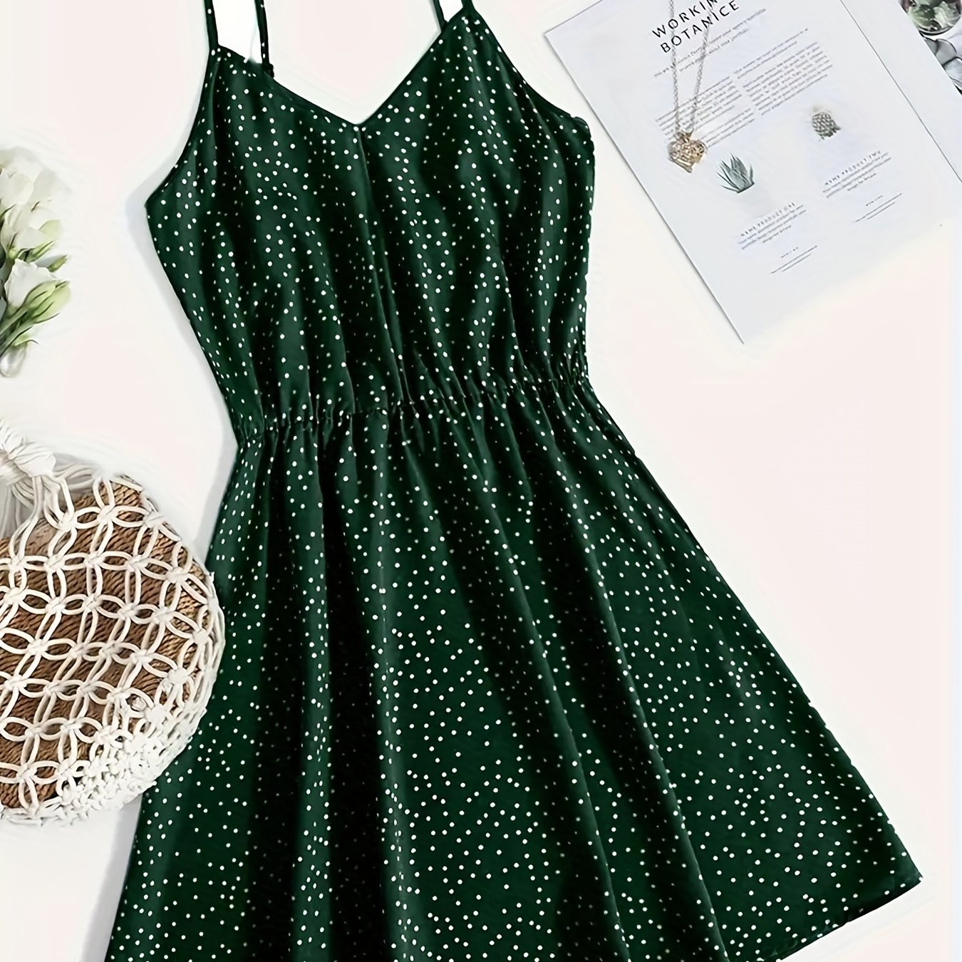 Pin Dot Print Spaghetti Strap Dress Sexy Slim Waist V Neck Summer Dress