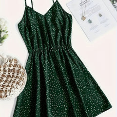Pin Dot Print Spaghetti Strap Dress Sexy Slim Waist V Neck Summer Dress