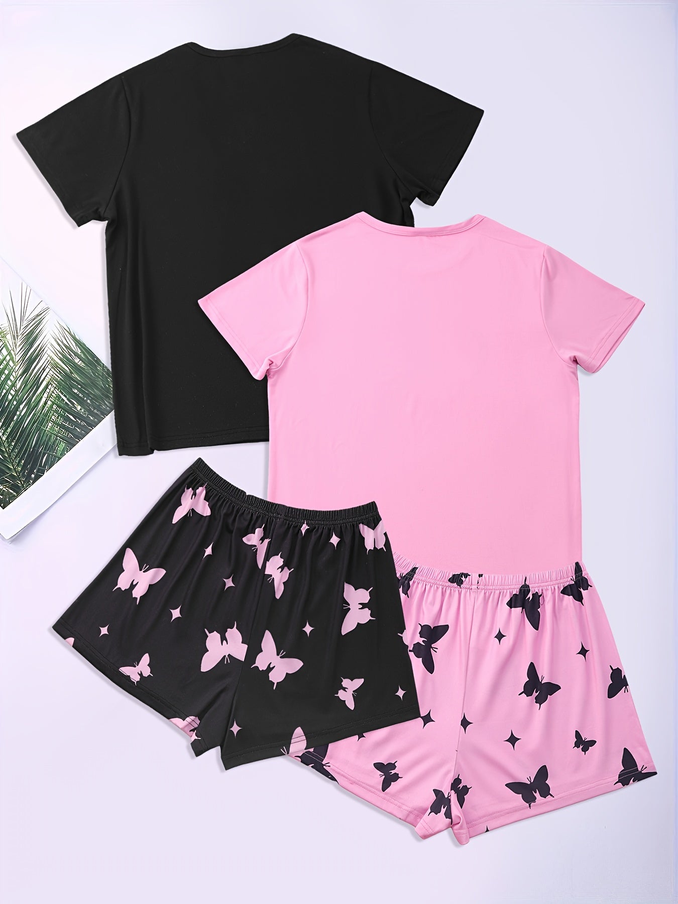 Heart & Butterfly Print Pajama Sets Short Sleeve Crew Neck Top & Shorts