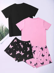 Heart & Butterfly Print Pajama Sets Short Sleeve Crew Neck Top & Shorts