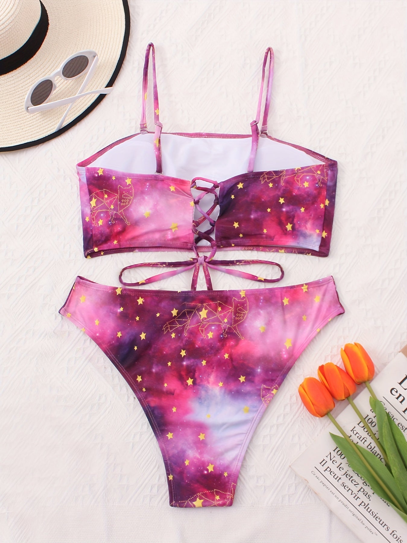 Galaxy Print Criss Cross Back Bikini Set Women's Plus Sexy