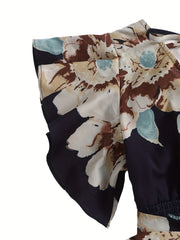 Vintage Floral Print 2pc Set V Neck Ruffle Trim Tops & Shorts Outfits