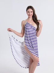Striped V Neck Beachwear Dress Spaghetti Straps Backless Cover Up