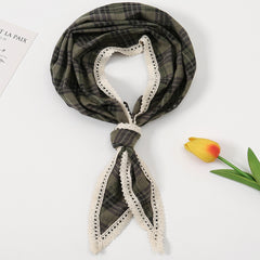 Plaid Triangle Scarf Floral Edge Versatile Fashionable Scarf Neckerchief