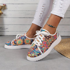 Women's Colorful Print Canvas Sneakers Lace Up Low Top Flat Shoes