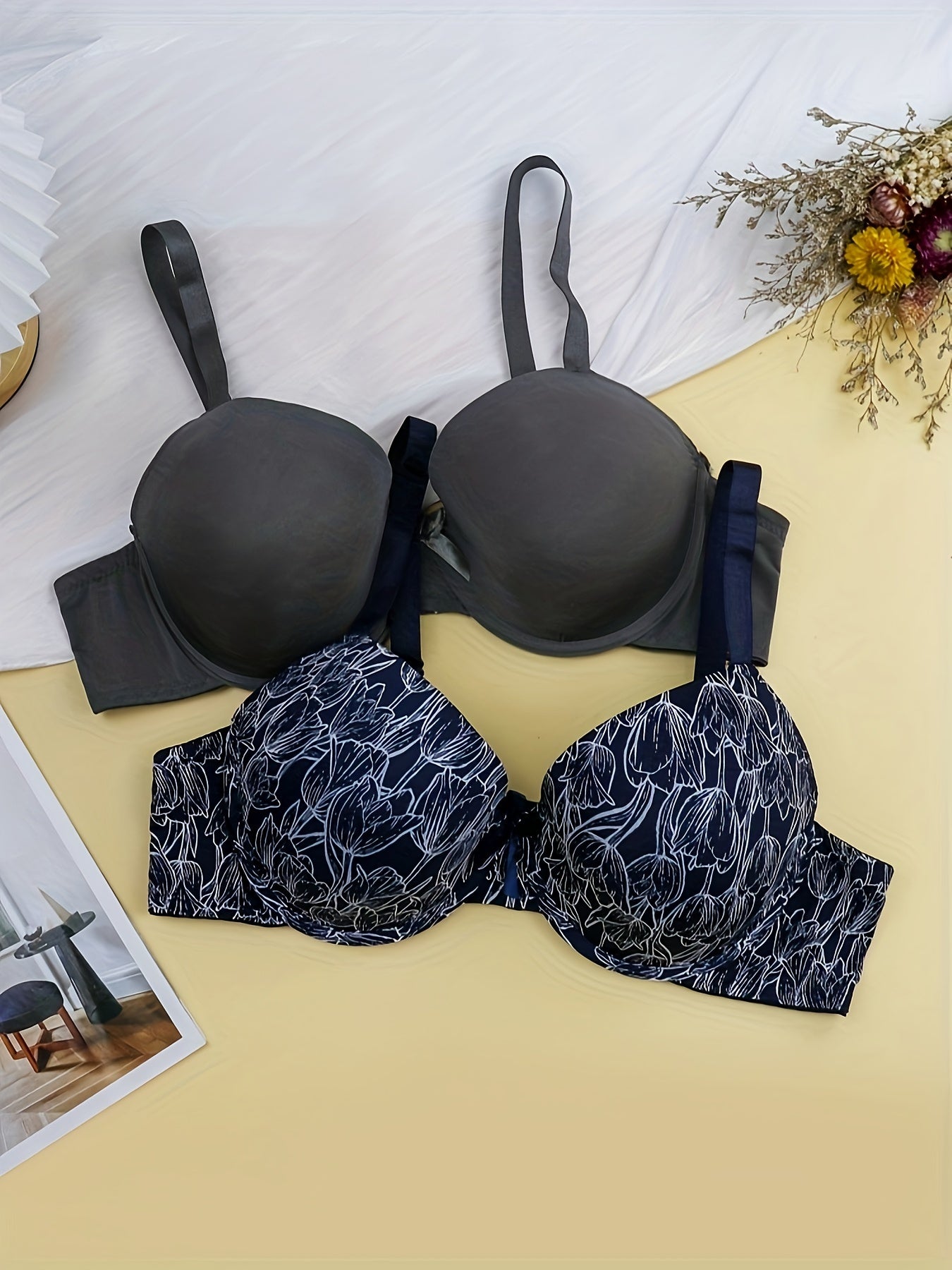 2 Pack Plus Size Bras Set Women's Tulip Print Padded Bras Two Piece Set