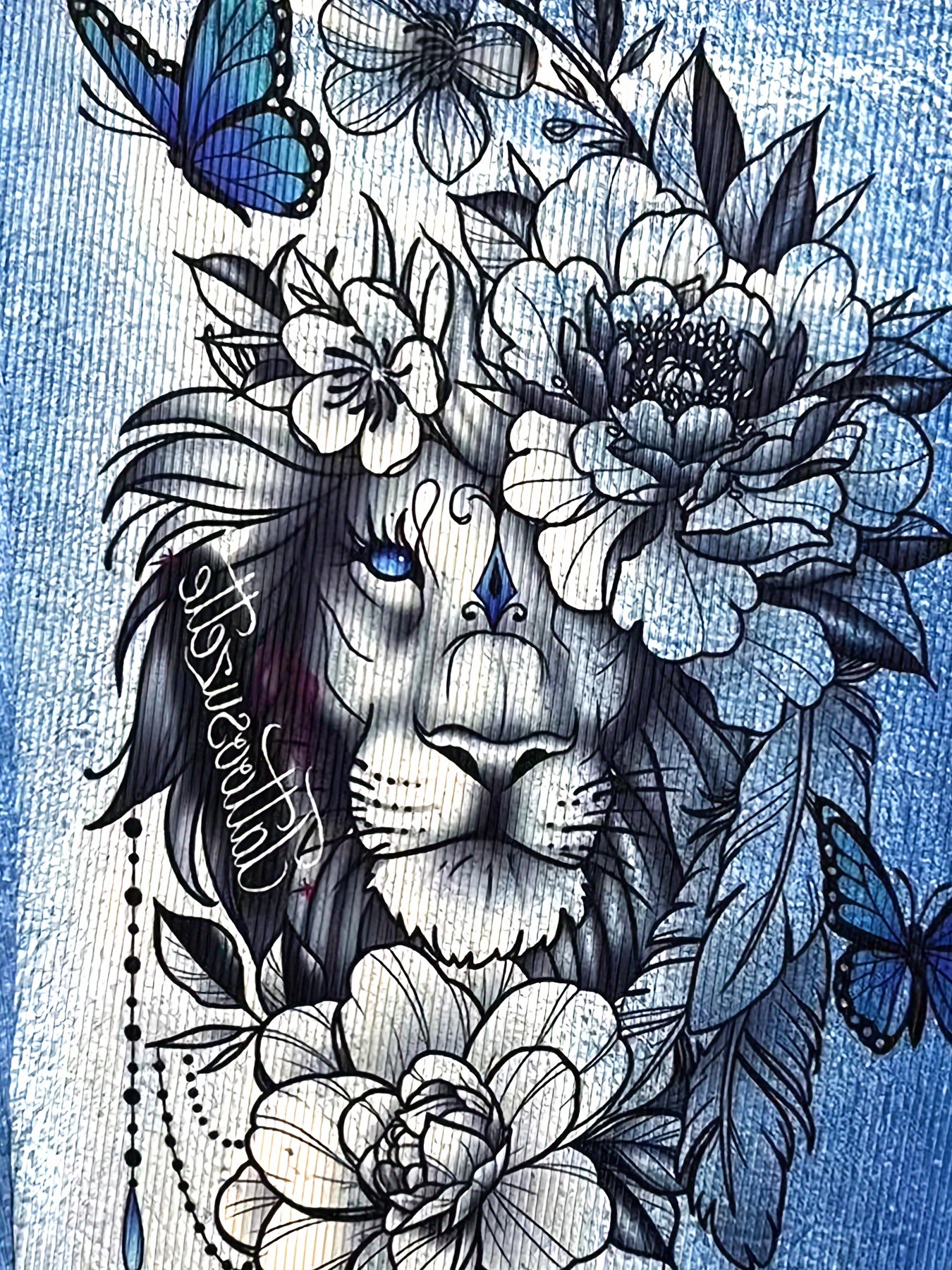 Women's Plus Denim & Floral Lion & Butterfly Print High Stretch Leggings