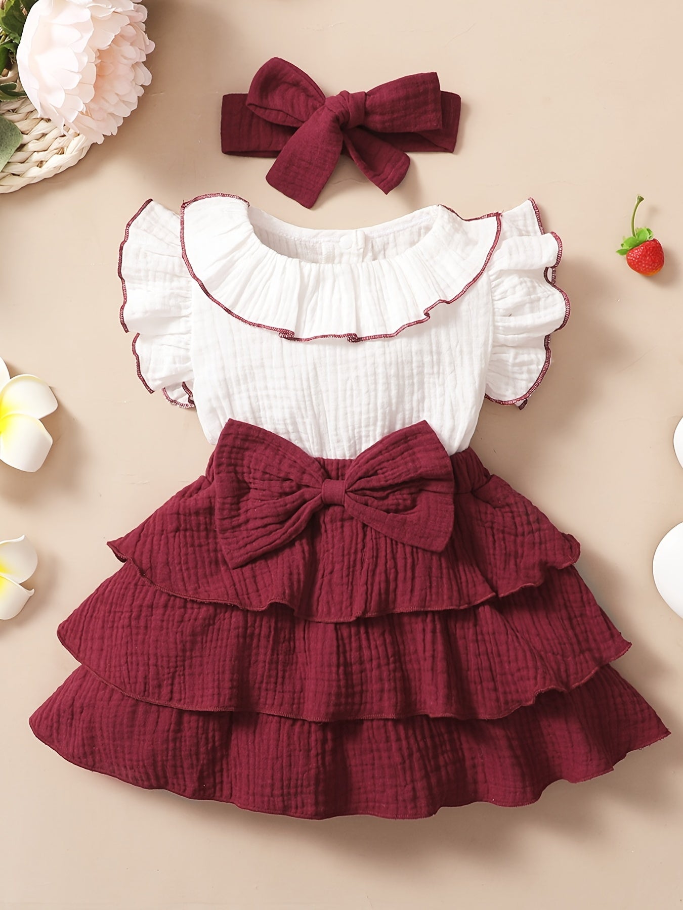 2pcs Baby Girls Bowknot Ruffle Sleeve Dress & Headband Set