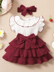 2pcs Baby Girls Bowknot Ruffle Sleeve Dress & Headband Set